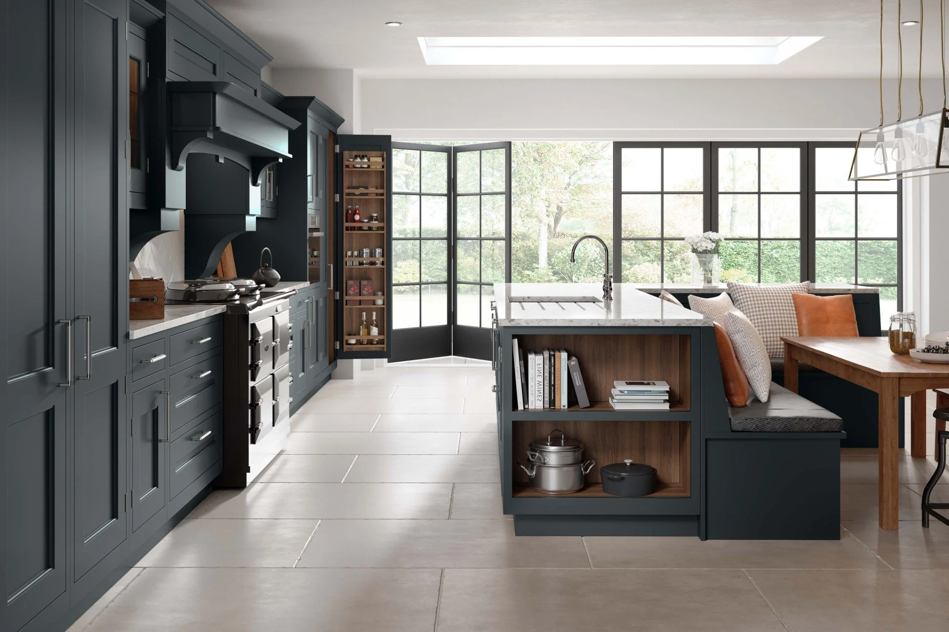 traditional navy shaker open plan kitchen