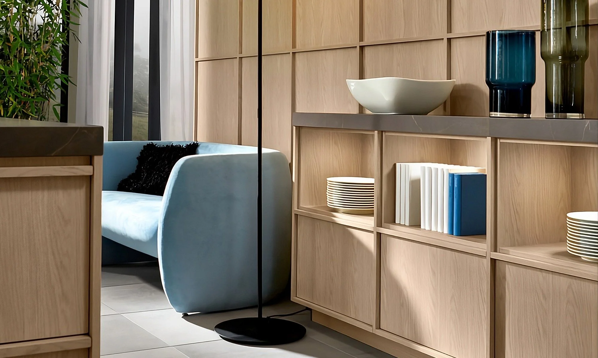 Japandi kitchen shelves