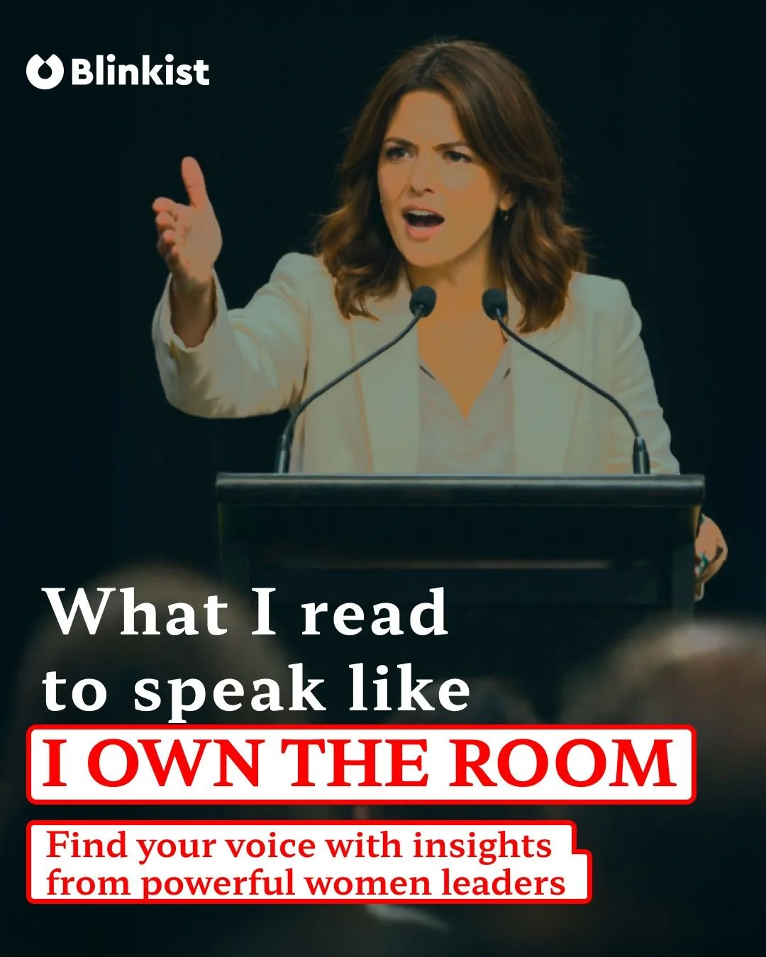 Paid social creative for Blinkist using a strong leadership visual to promote confident speaking, communication skills and personal growth.