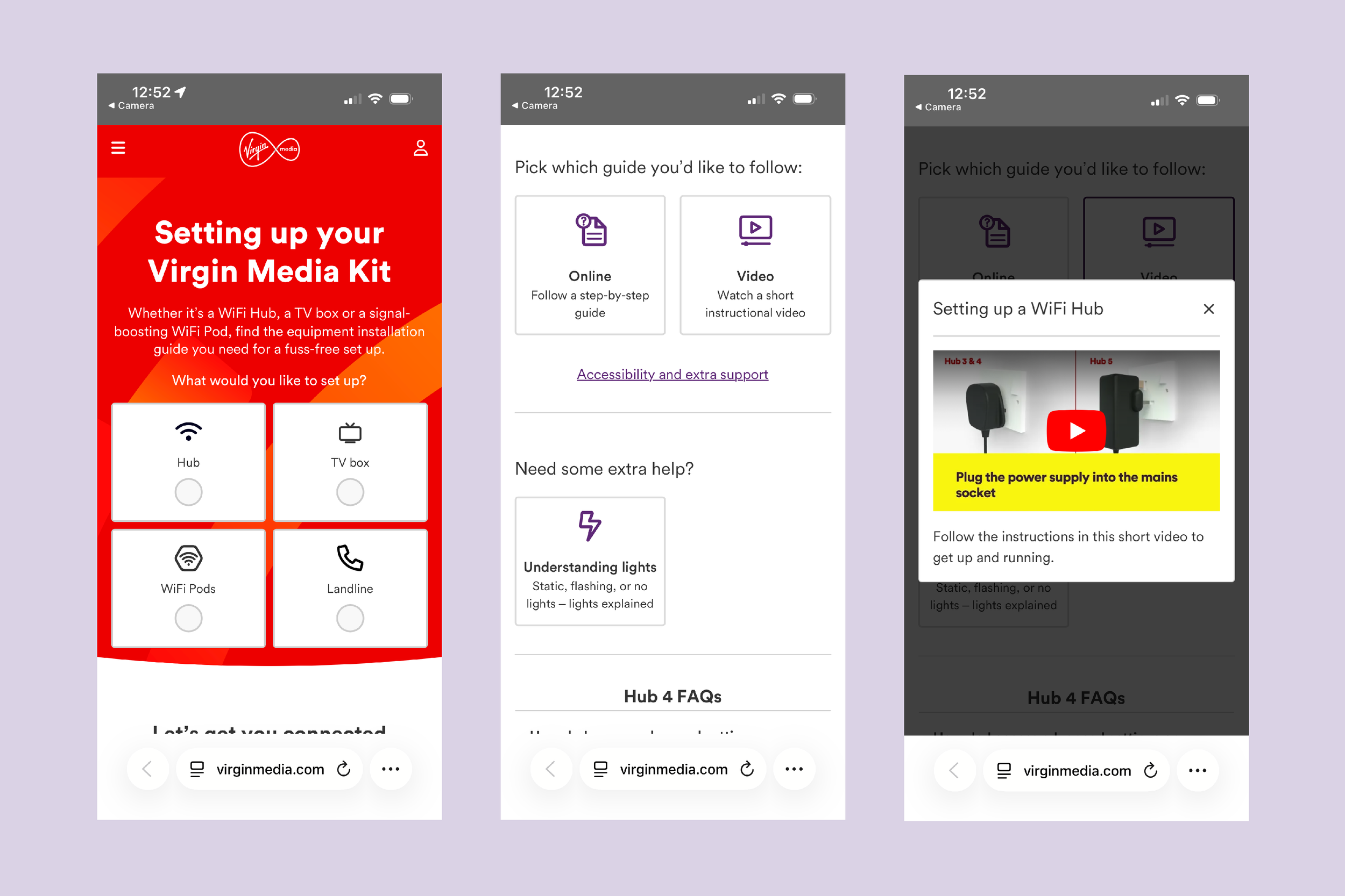 Three screenshots of the Virgin Media website detailing the start of the support journey to install a new router. Images placed on pink background.