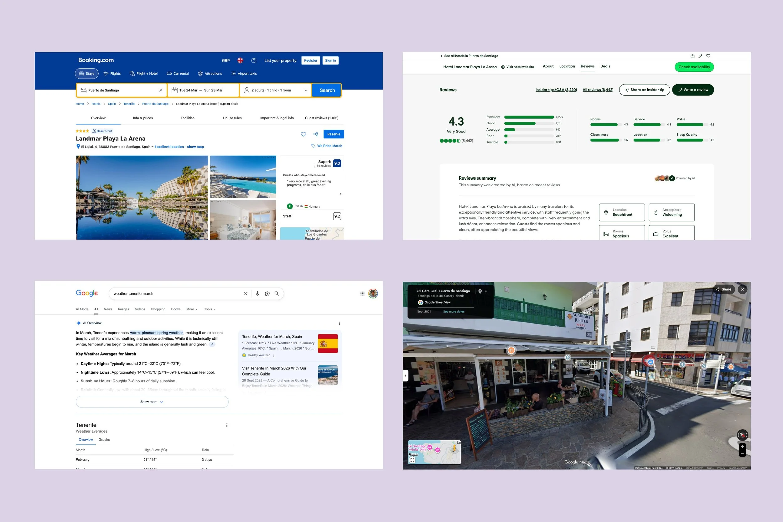 Images of various websites such as Booking.com and TripAdvisor showing details of the Landmar Playa La Arena hotel. A screenshot of a Google search for the weather in Tenerife in March and a street view scene.