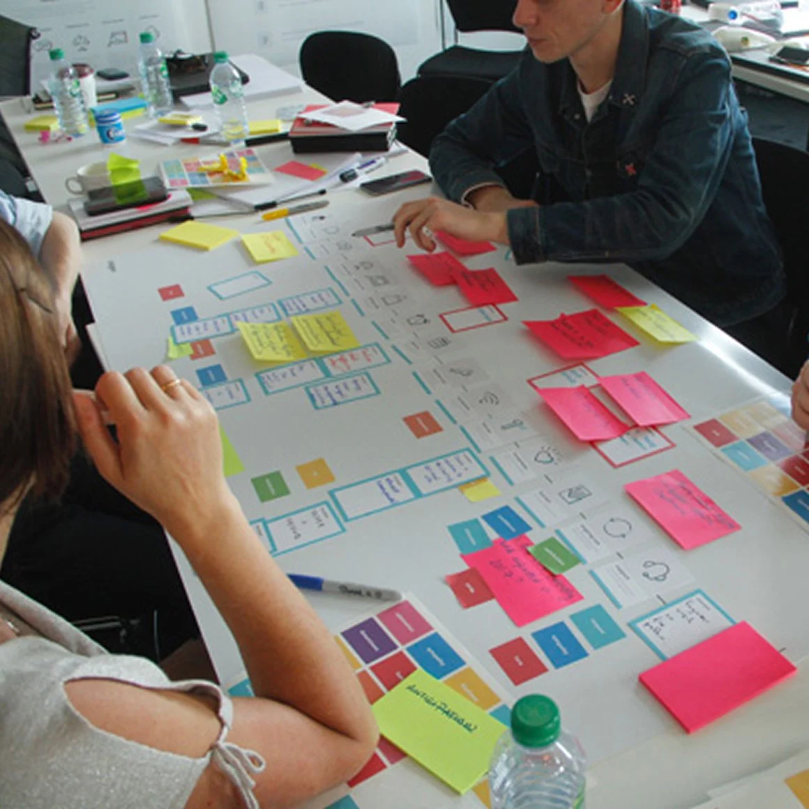 A photo of a customer experience workshop containing post-its and activities.