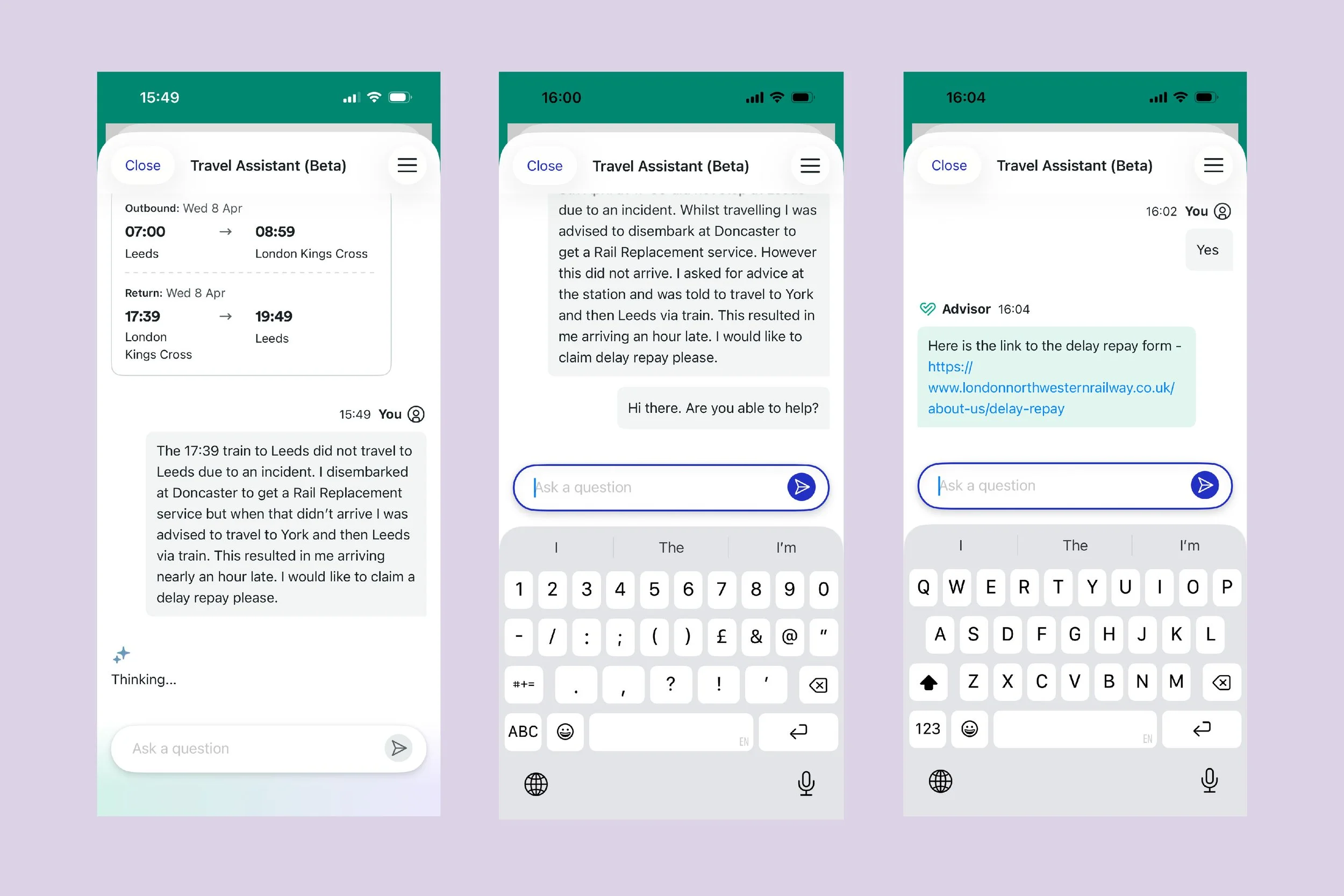 Three screenshots of the chat function in Trainline app presented on a pink background