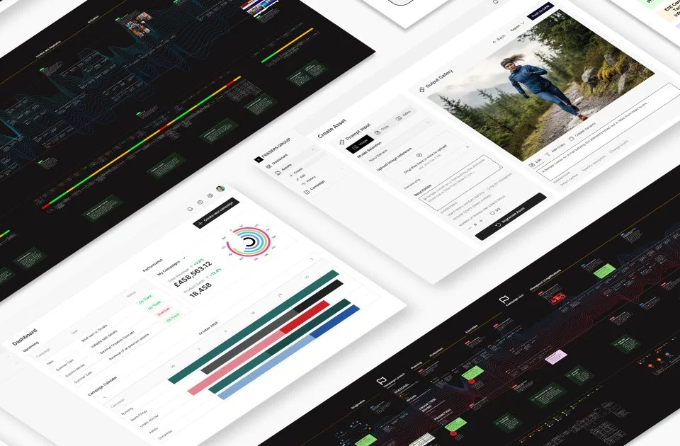 Flat lay of various design images relevant to a Customer Experience design project