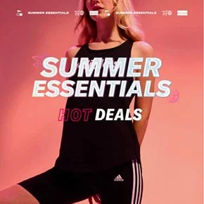 Women in Adidas apparel on pink background. Summer Essential text overlay