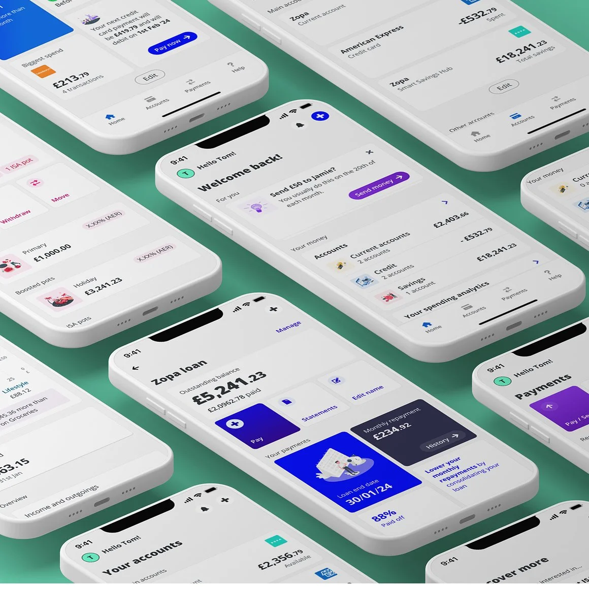 Multiple smartphones displaying digital banking and financial management app screens, including account balances, transaction history, loan details, payment options, and savings analytics, arranged on a green surface.