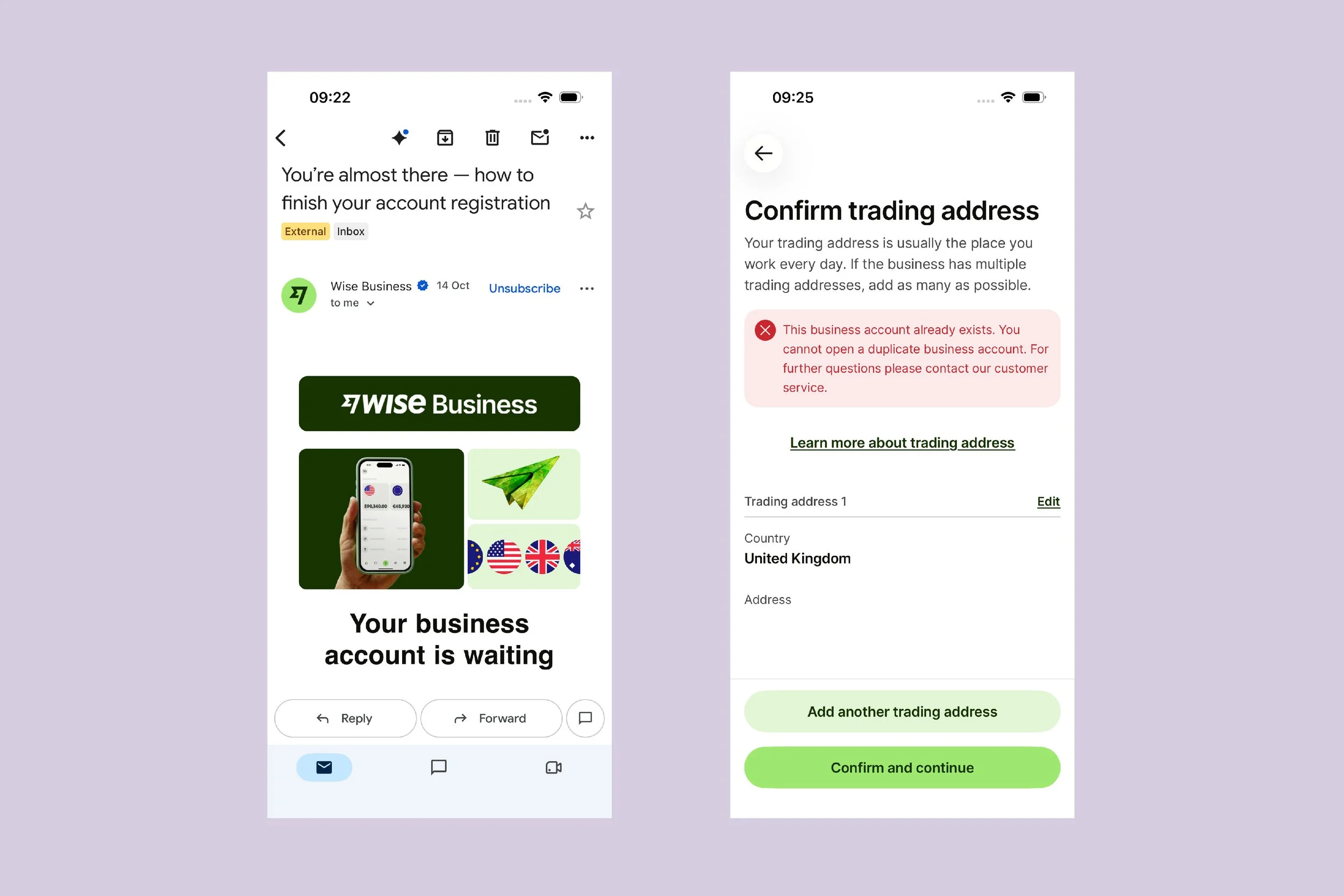 A screenshot of an email from Wise asking the user to complete account registration and a screenshot of the Wise app presented on a pink background.