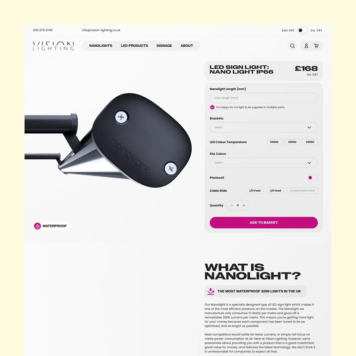 Online product page showcasing a waterproof LED sign light called Nanolight with customizable options, price of £168, and a description explaining its features and waterproof rating.