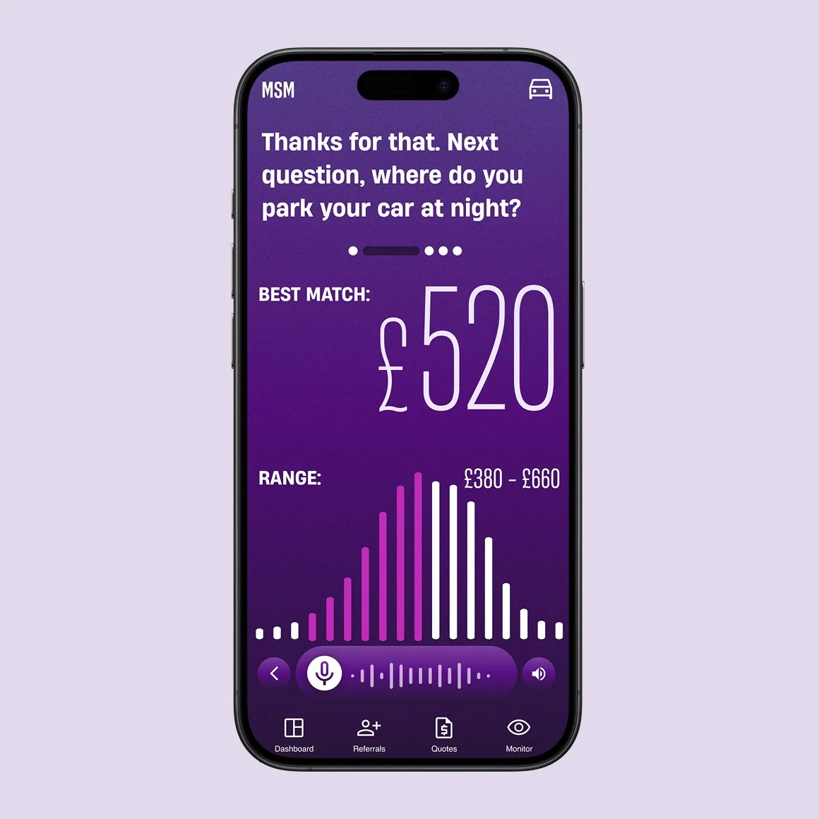 Smartphone screen displaying a financial app with a purple background, showing a suggested car insurance price of £520, range of £380 to £660, and a graph of data points, with navigation icons at the bottom.