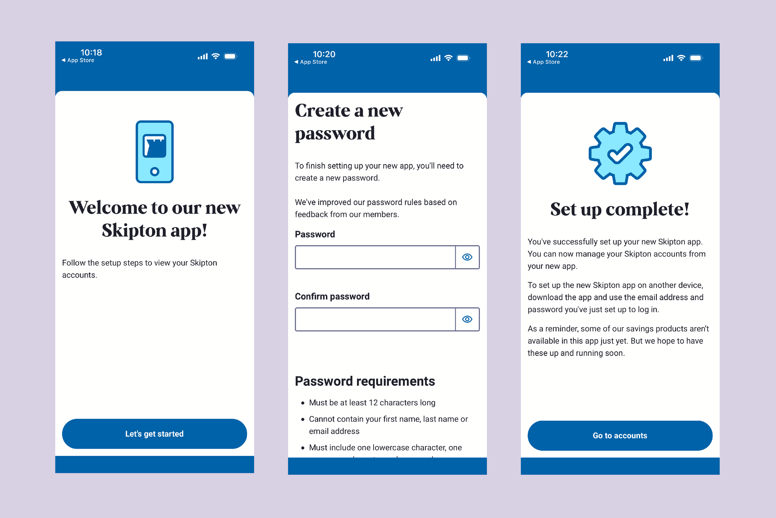 Three mobile screenshots of the final steps of the Skipton Building Society's app setup process. Set on a pink background.
