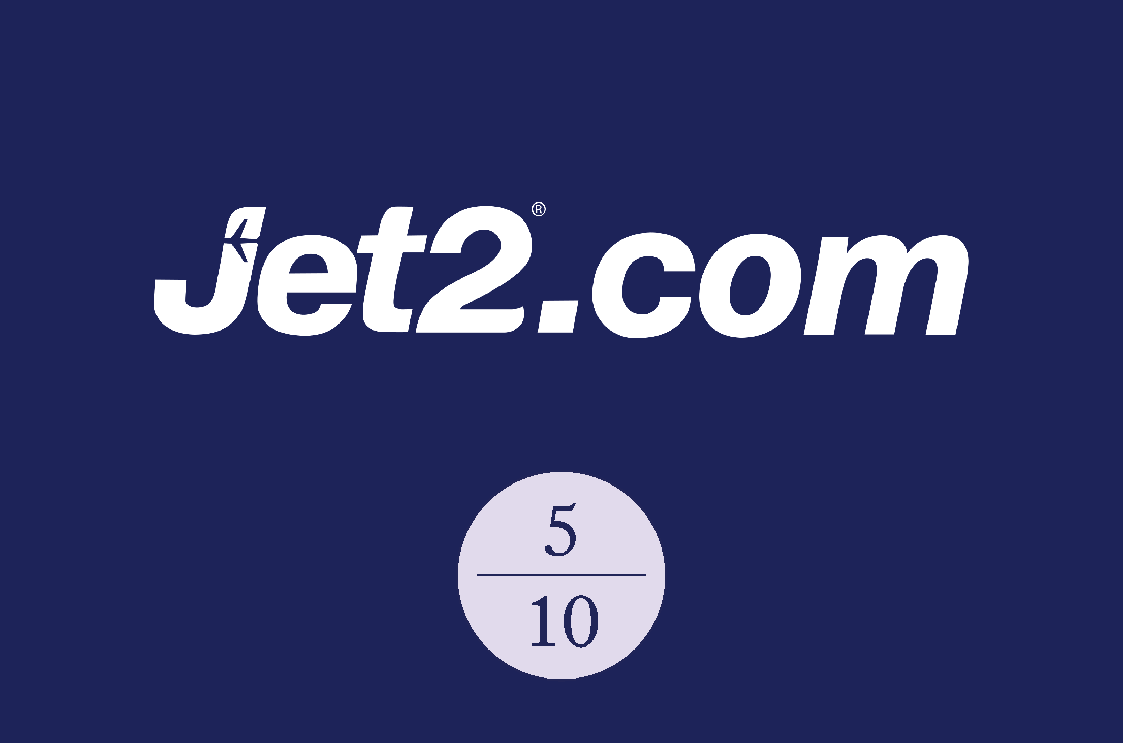 White Jet2.com logo on a blue background. 5/10 shown in a pink circle to show the AAWE Score