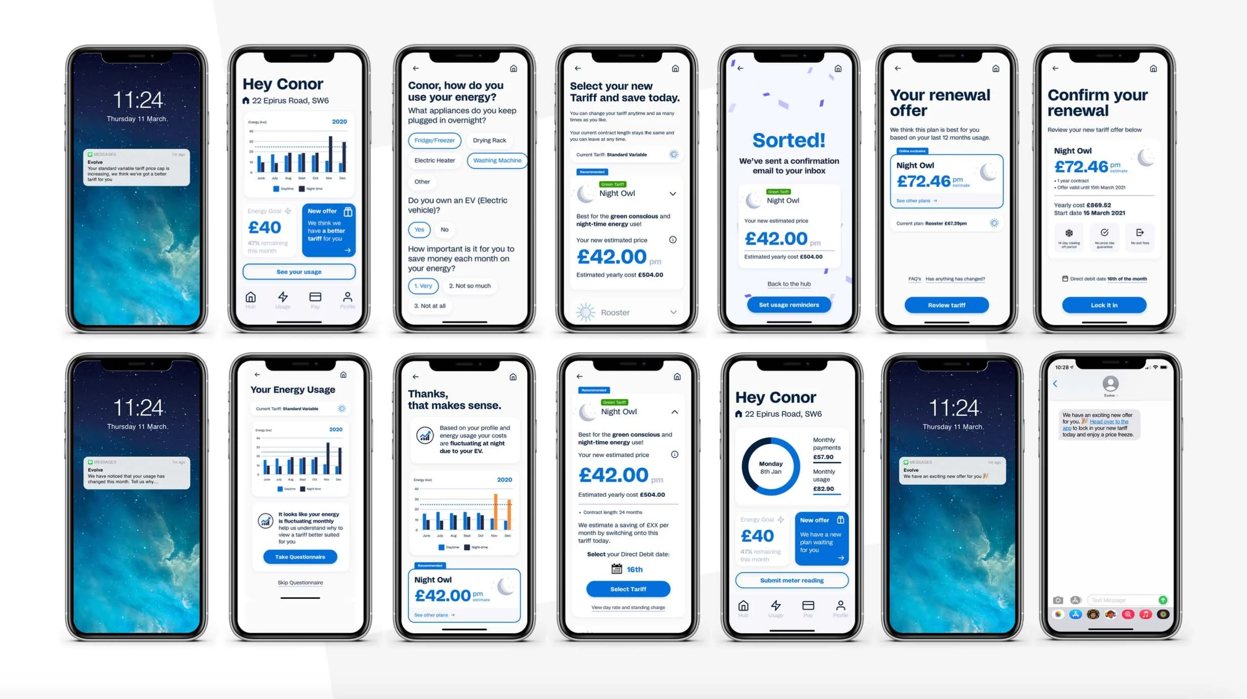 Various mobile screens showing text messages and app screens of a future customer experience from a utilities brand