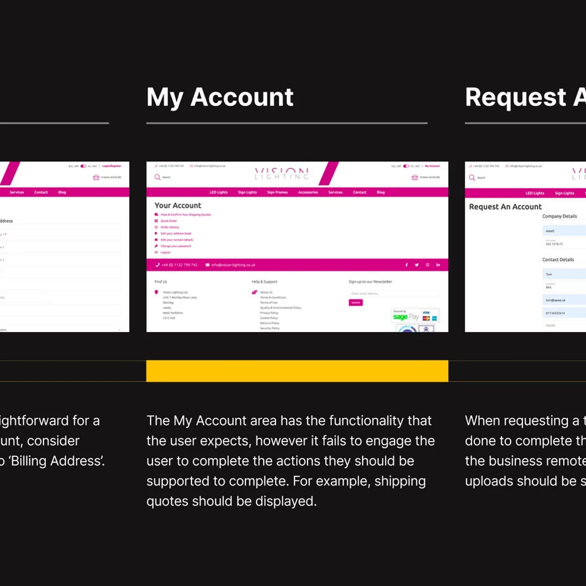 Screenshot of a website with login and account management pages, featuring pink and white design elements, including sections titled 'Your Account' and 'Request An Account'.