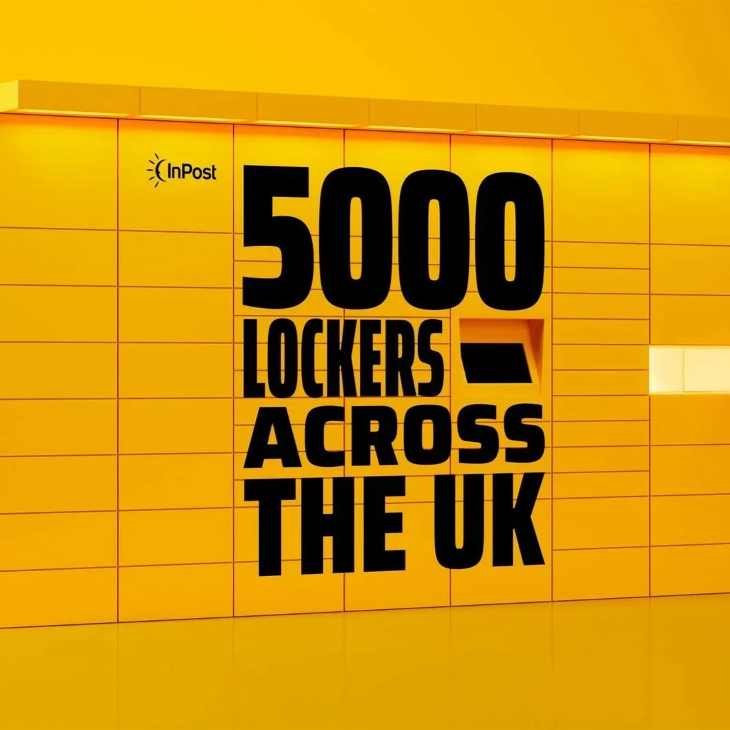 Yellow wall with black text reading '5000 Lockers Across The UK' and the InPost logo.