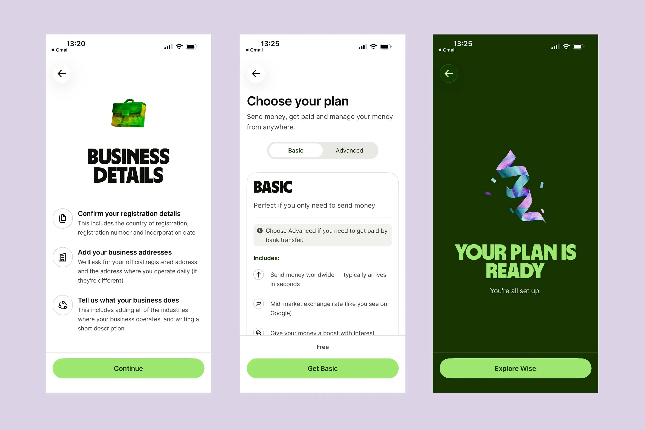 Three screenshots of the Wise app presented on a pink background.