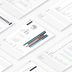 Multiple designs of an interface for a piece of AI software displaying charts and graphs spread out on a white surface.