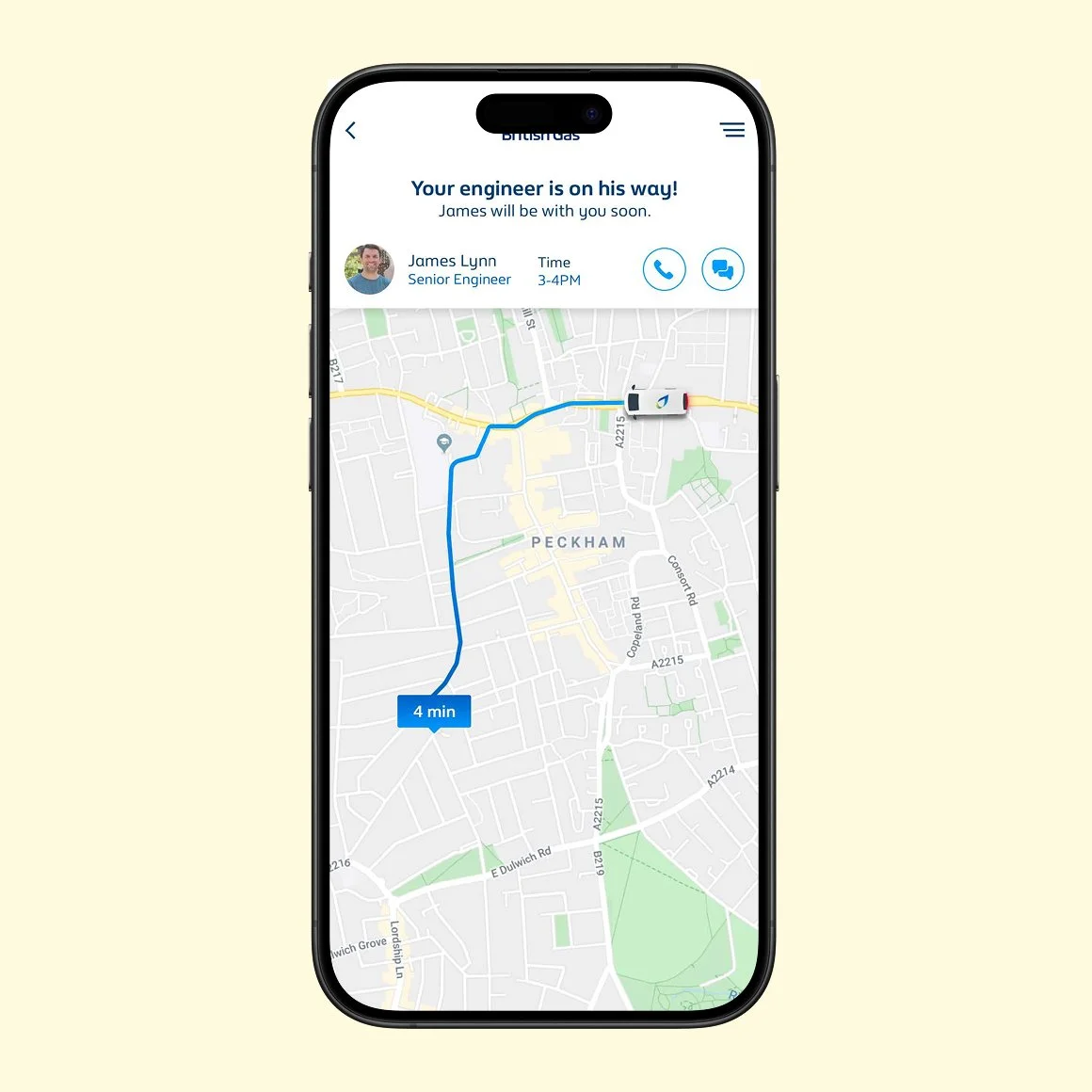 A smartphone screen showing a map with a route, an estimated 4-minute travel time, contact icons, and a message indicating that a senior engineer named James is on his way.