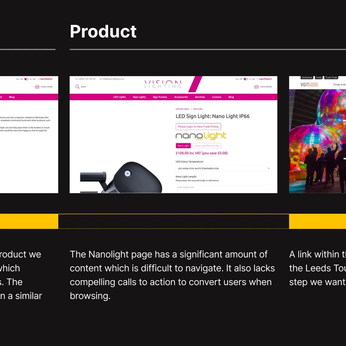 Webpage screenshot displaying a product page for Nano Light IP66 LED sign light on a website called VISION Lighting. The page shows the product name, price, and options to select light color and length.