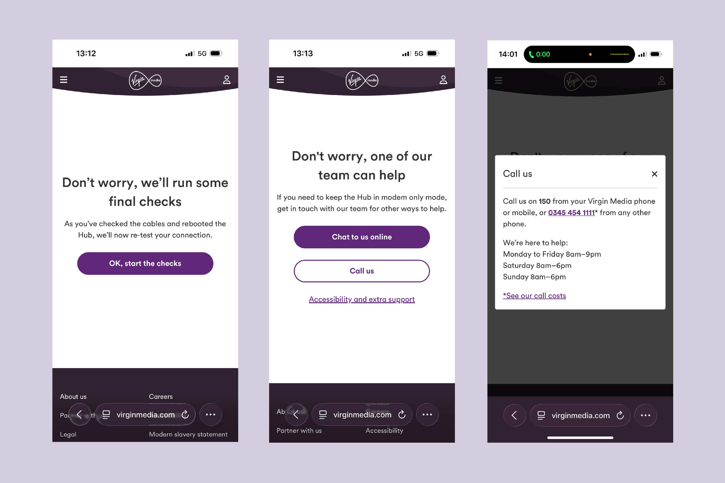 Three screenshots of the Vigin Media website. The screenshots show the end of the online support journey and the prompt to call. Screenshots placed on pink background.