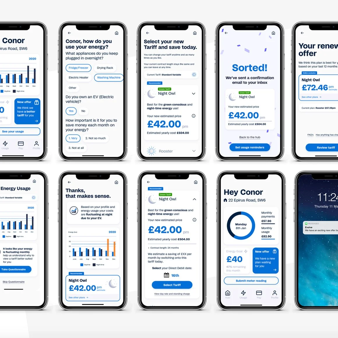 A series of mobile phone screens showing an energy management app with graphs, tariff selections, and user notifications.