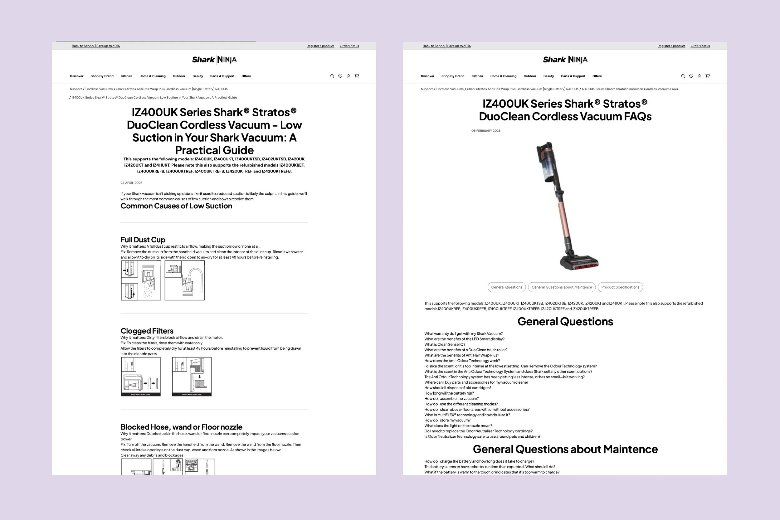 Two screenshots of the customer support pages on SharkNinja's website. The screenshots are shown on a pink background.