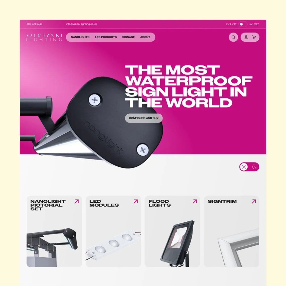Homepage of Vision Lighting website with pink background promoting waterproof sign light. Features a large image of a black sign light and navigation menu. Categories include Nanolights, LED products, signage, and about. Includes shopping cart and user icons.