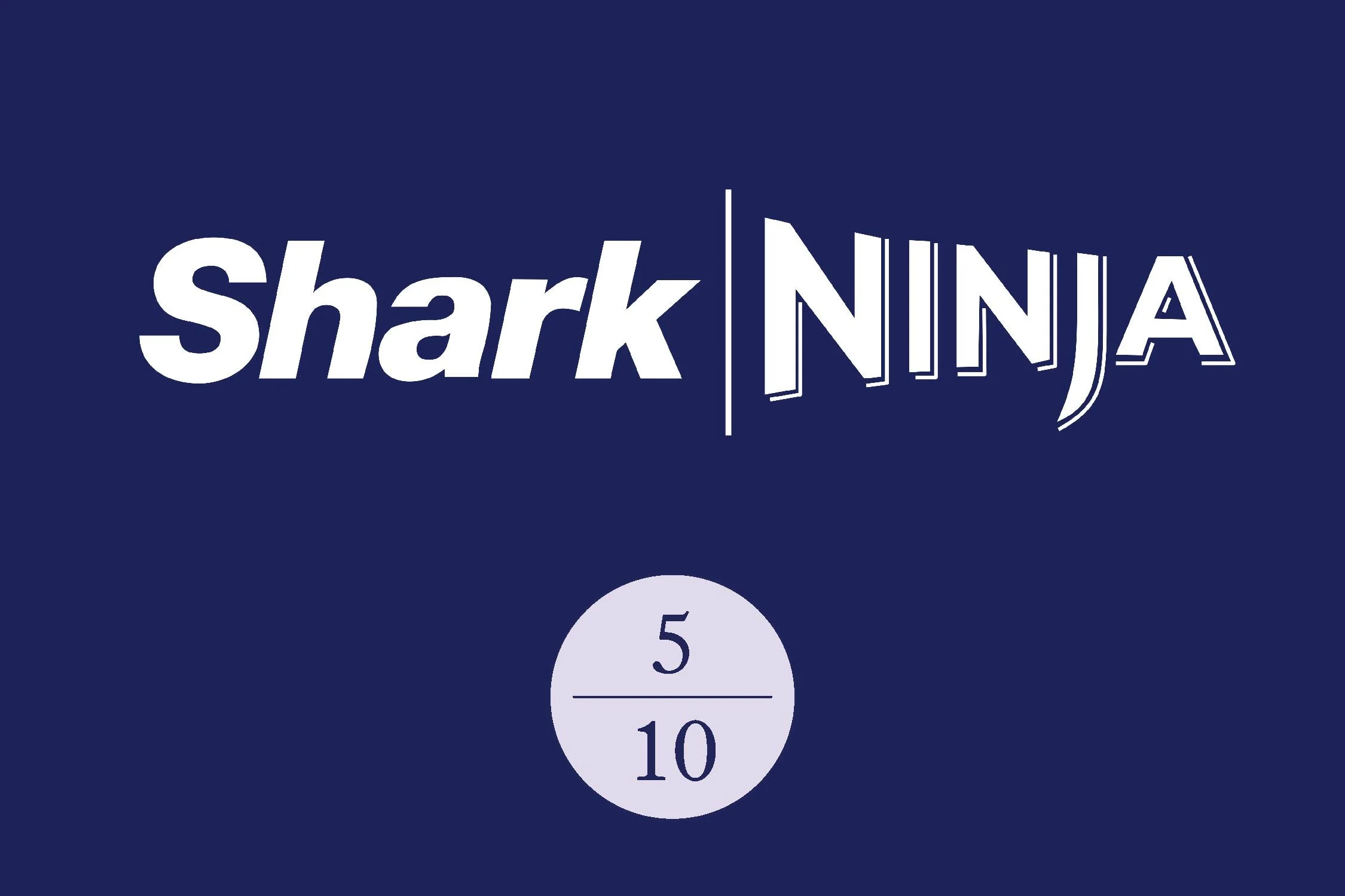 Shark Ninja logo in white on a dark blue background. Accompanied by an AAWE Score fo 5/10 presented with blue text in a pink circle
