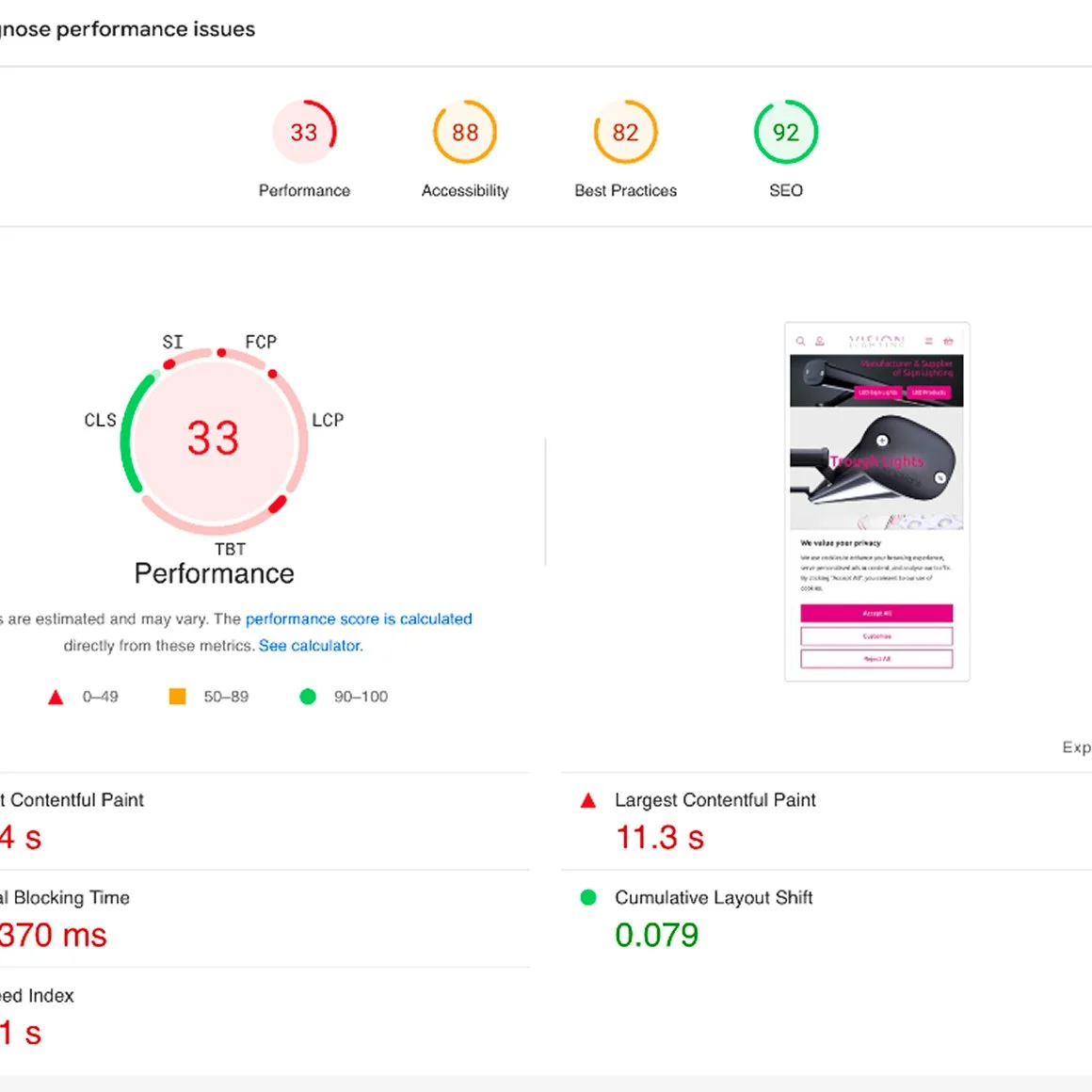 A performance assessment report showing scores for performance, accessibility, best practices, and SEO with green indicating high scores. The performance score is 33, with a gauge diagram displaying various metrics such as First Contentful Paint, Largest Contentful Paint, and Cumulative Layout Shift. On the right, there is a partial view of a mobile website featuring equipment and pink-colored buttons.