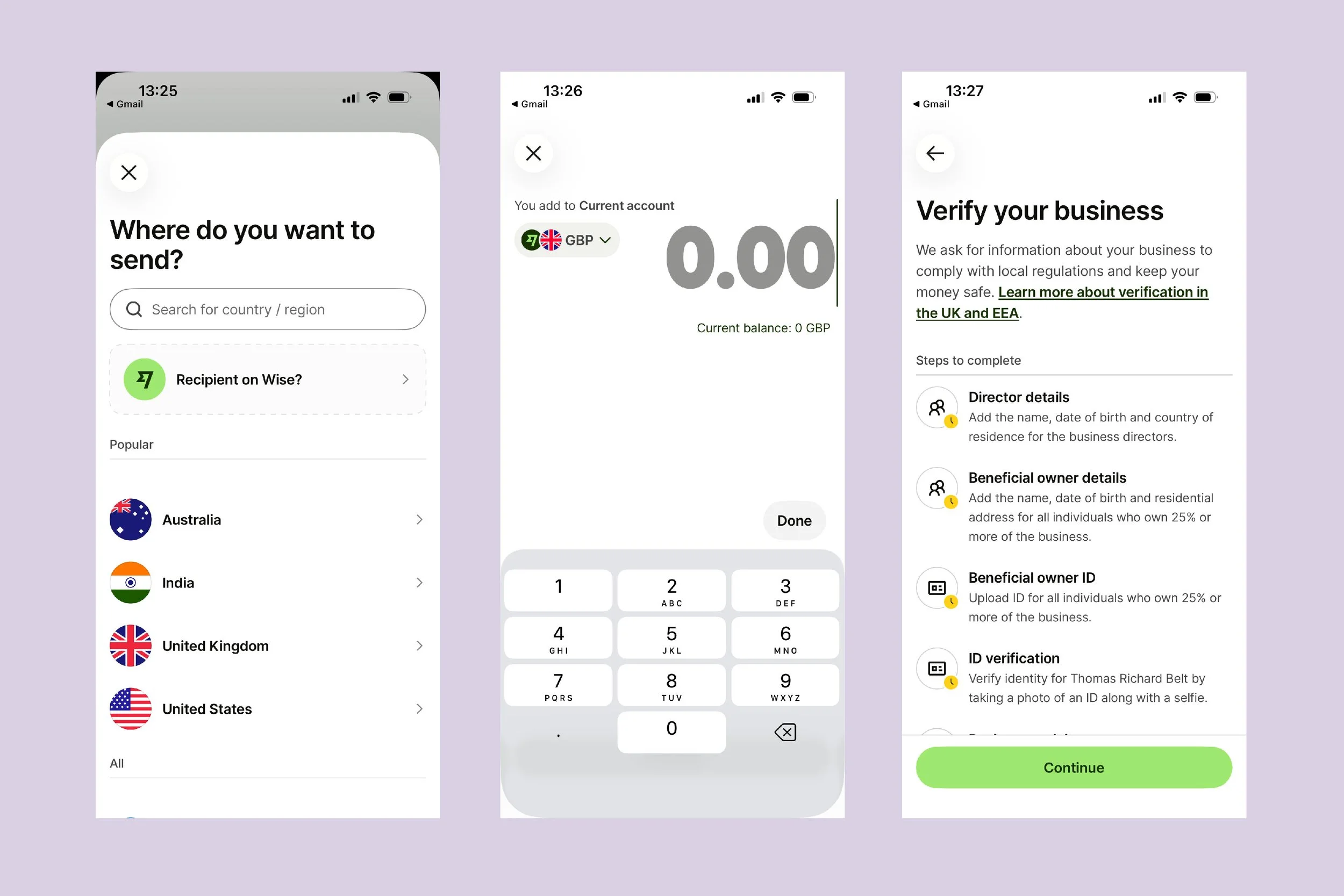 Three screenshots of the Wise app presented on a pink background.