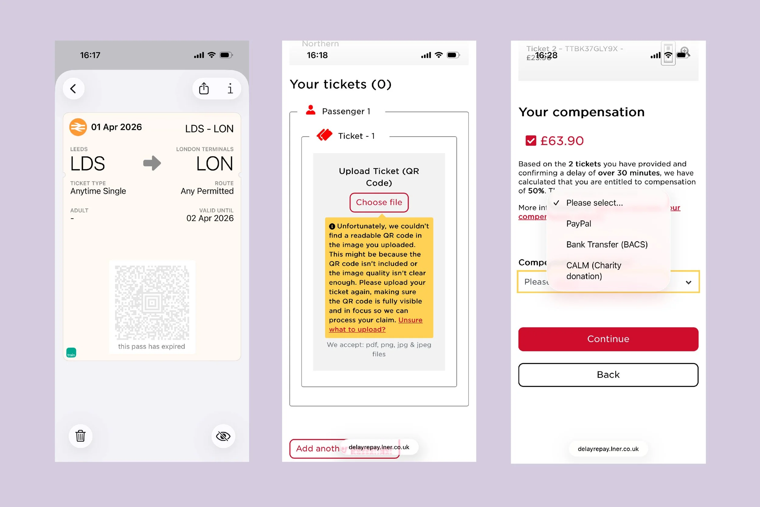 Three screenshots of the chat function in LNER online delay repay form presented on a pink background
