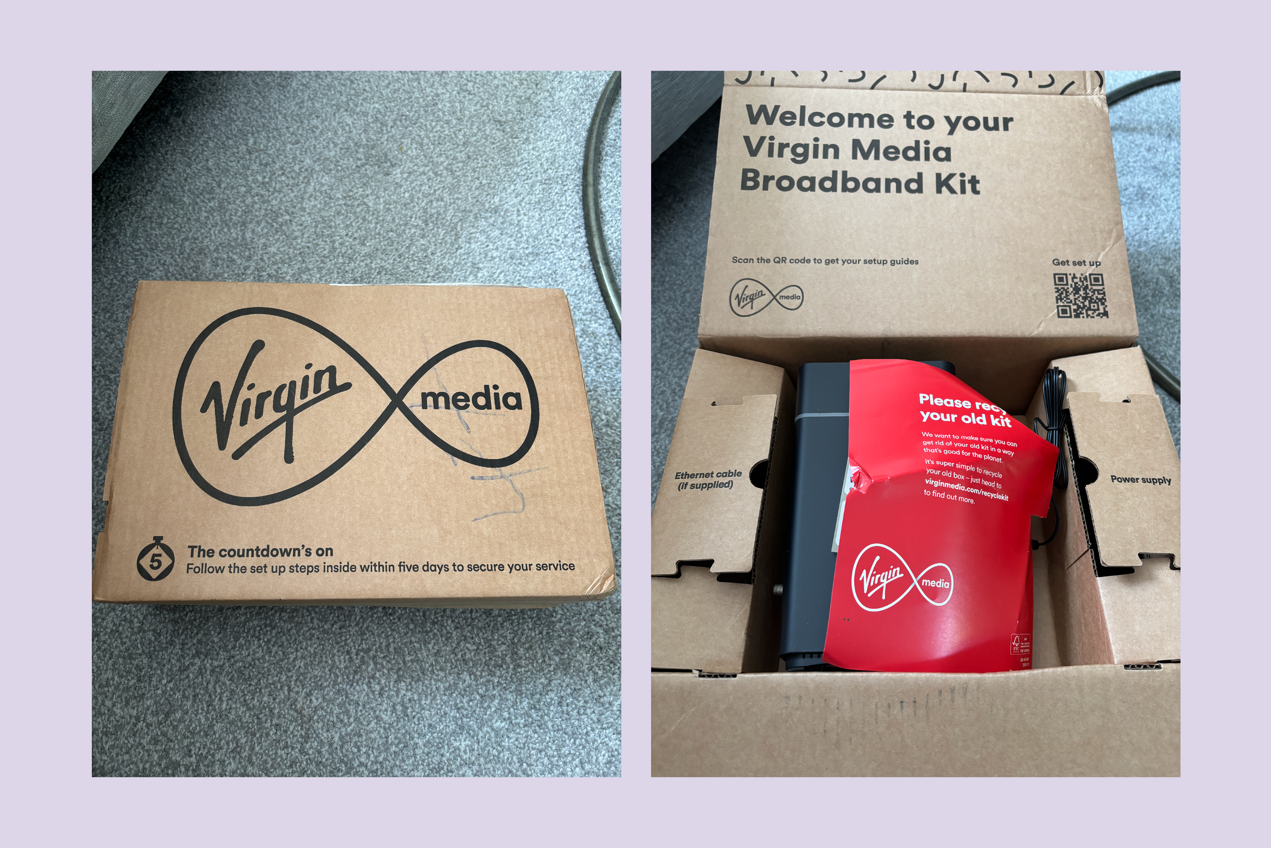 Two images of a Virgin Media router box placed side by side on a pink background. Image to left is outer of box. Image to right is contents of box featuring leaflet to recycle old router.