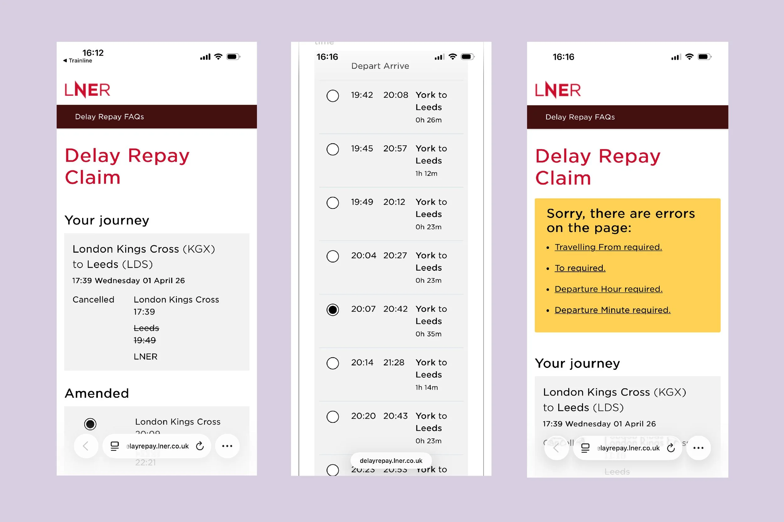 Three screenshots of the chat function in LNER online delay repay form presented on a pink background