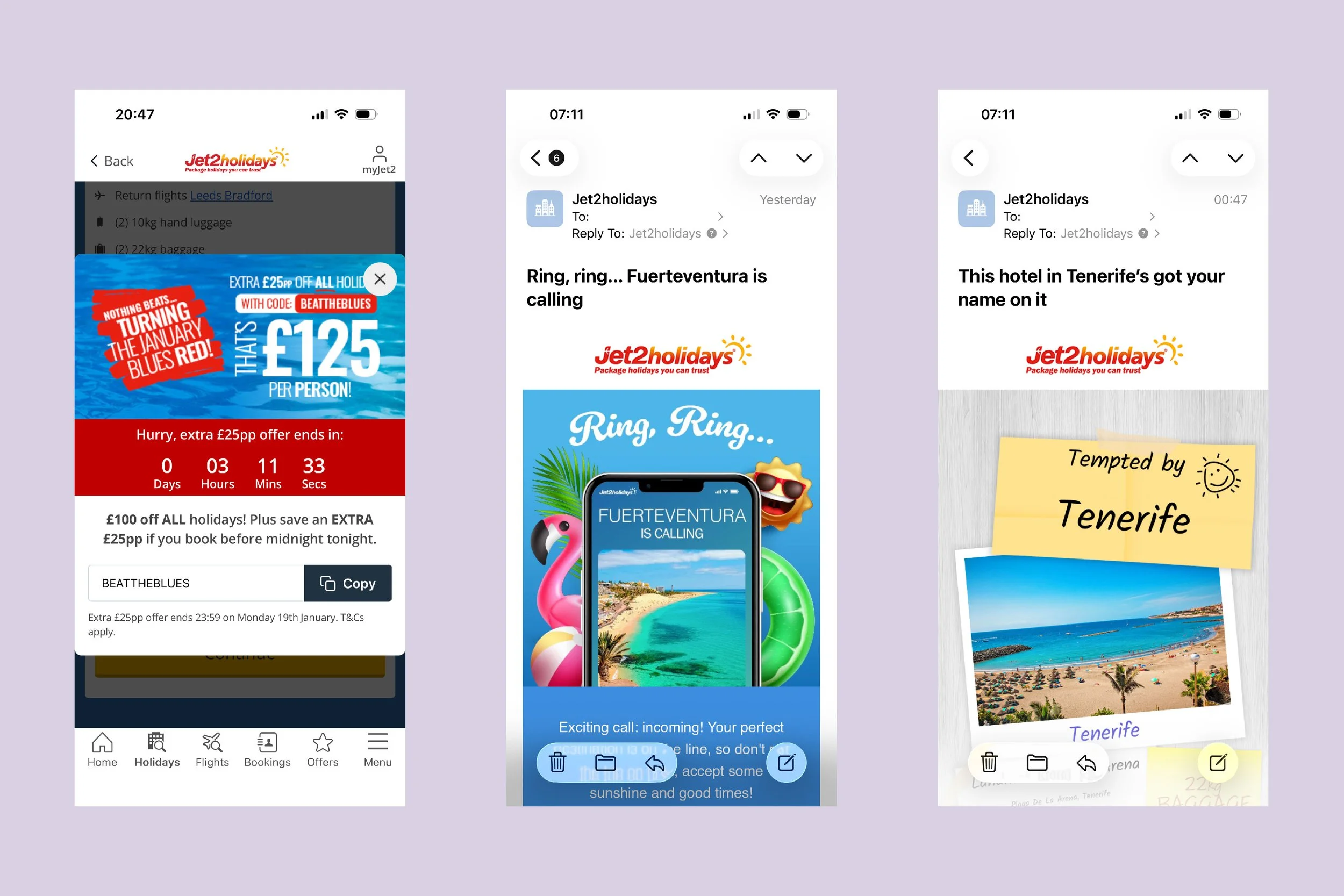 Images of Jet2.com's mobile app and emails sent to customers. Images shown on a pink background.