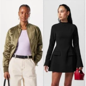 Two women on grey backgrounds modelling clothes to be sold online