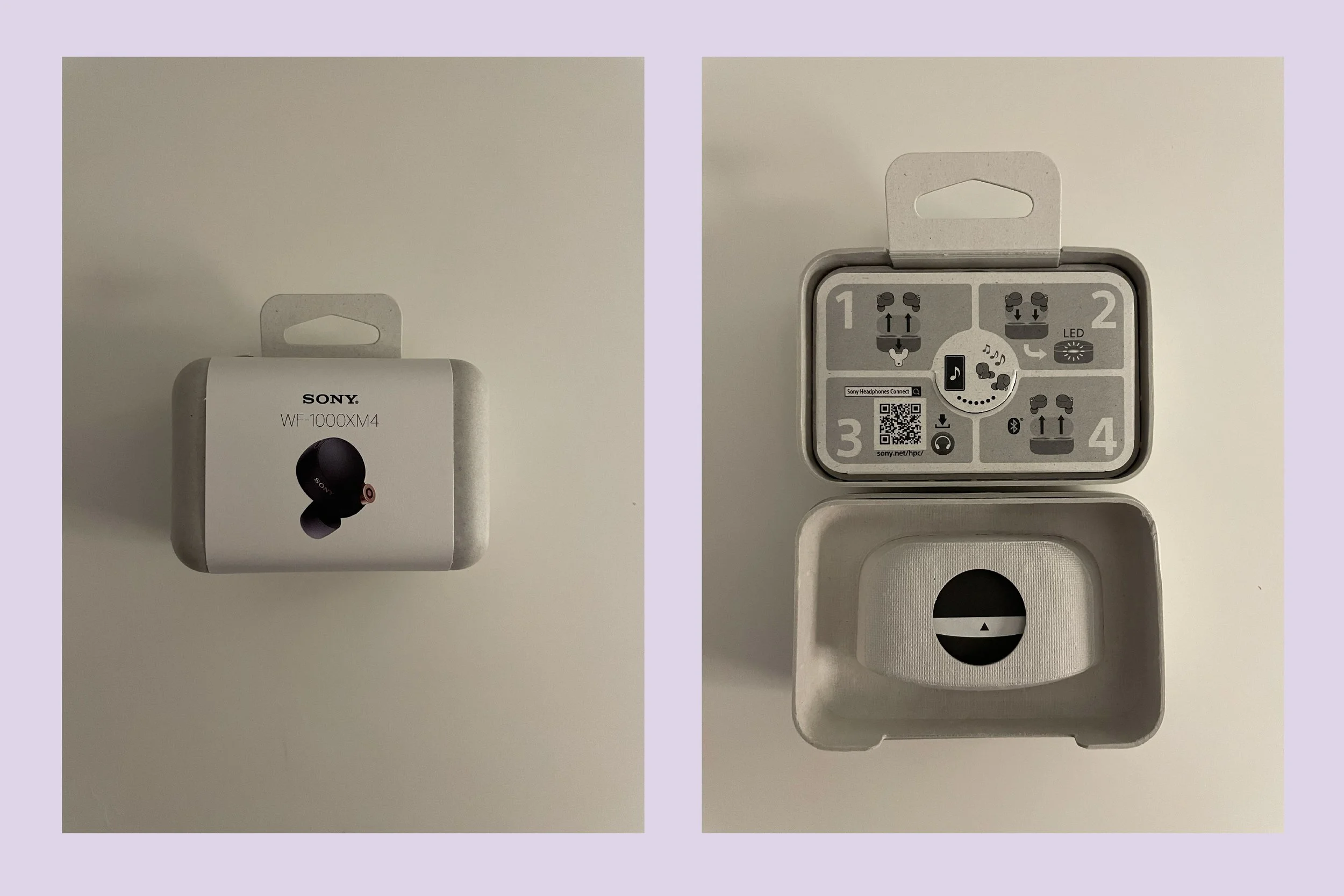 Two photos of the packaging for the Sony WF-1000XM4 headphones. Photos have been placed on a pink background