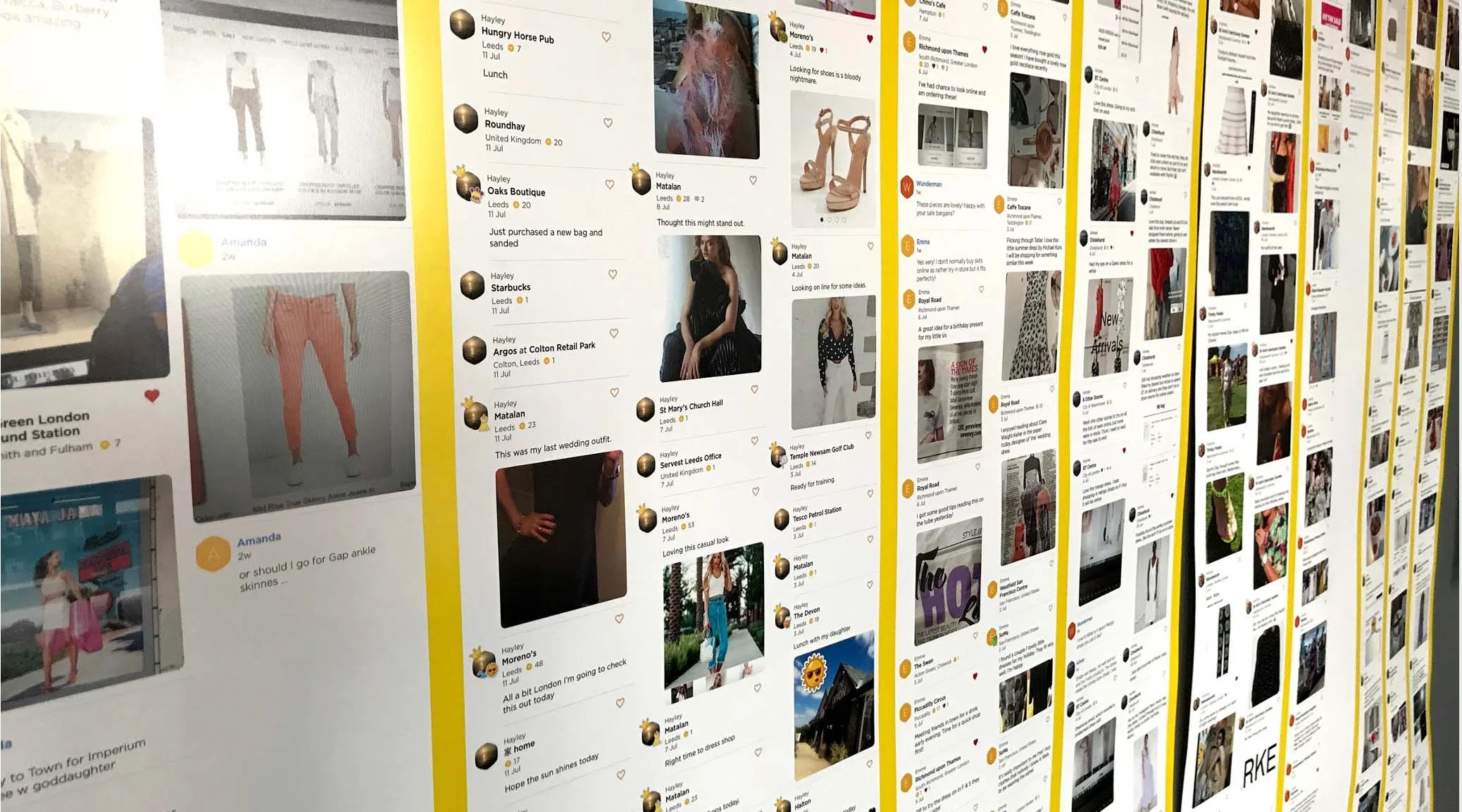 Photo of a wall decorated with screenshots of customer conversations captured during remote research