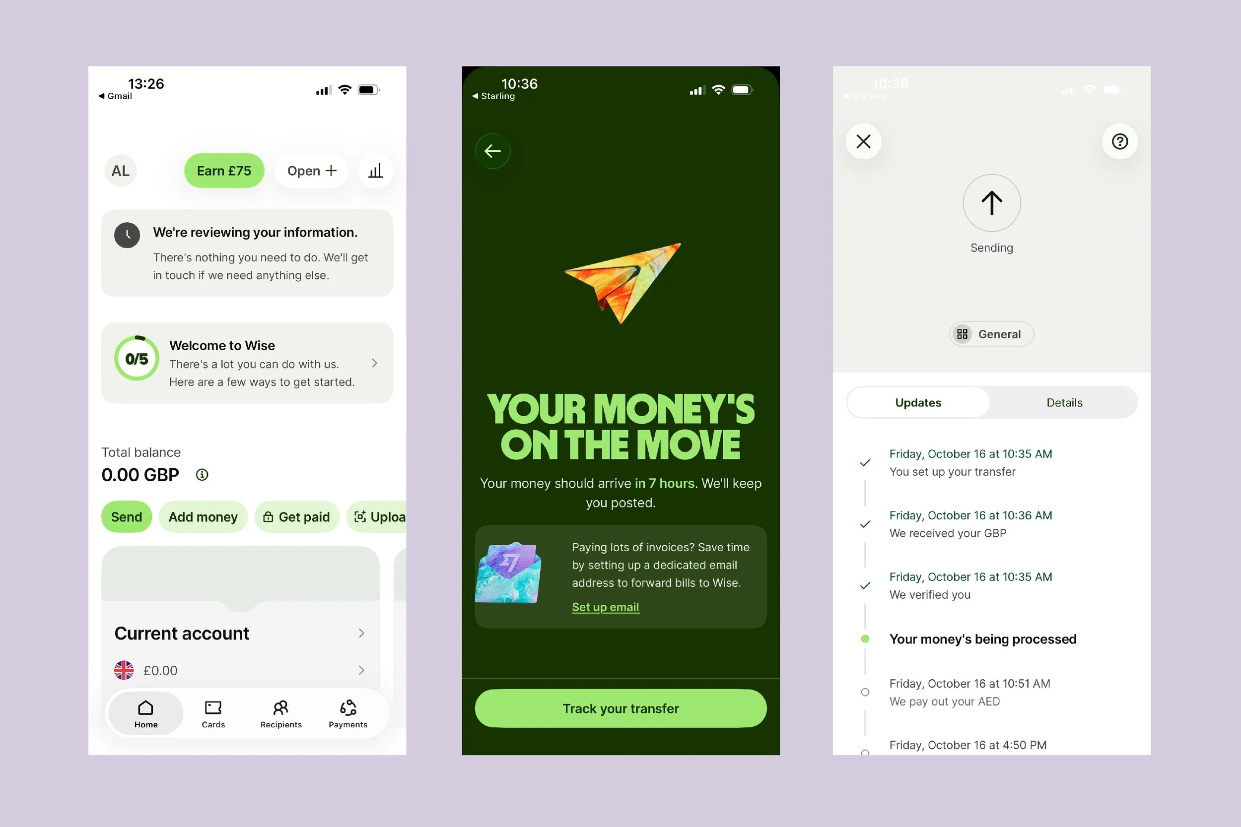 Three screenshots of the Wise app presented on a pink background.