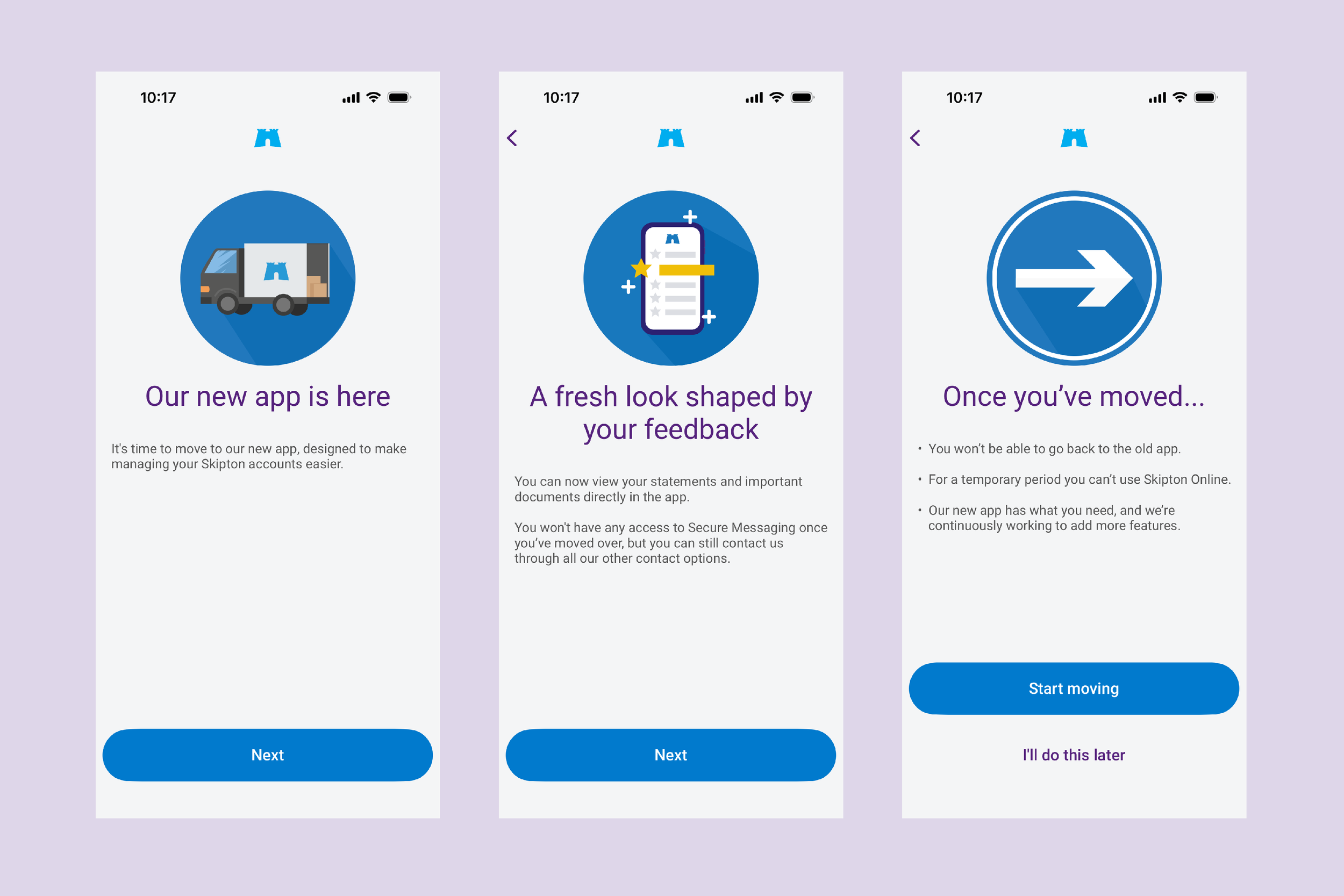 Image of three mobile app screens featuring the start of the app onboarding process from Skipton Building Society. Set on a pink background.