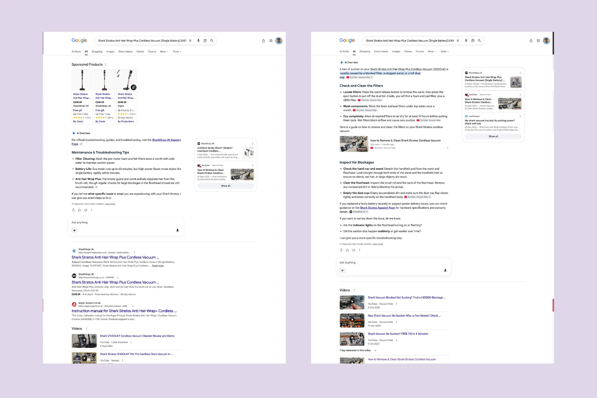 Two screenshots of different Google search results pages relevant to customer support at SharkNinja. Screenshots shown on a pink background