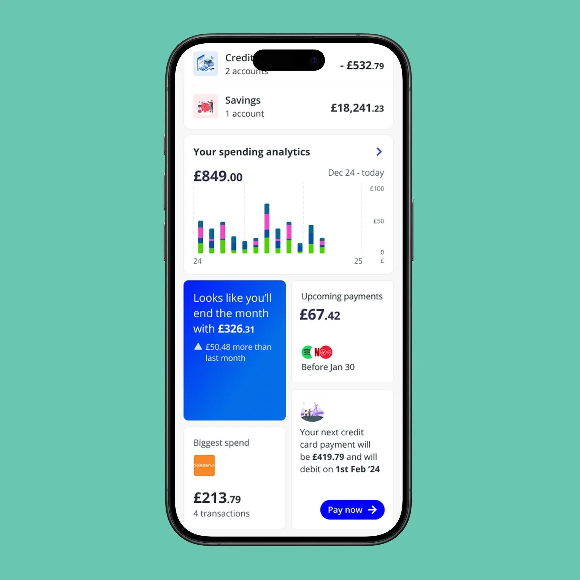 A smartphone screen displaying a financial management app with sections for credit accounts, savings, spending analytics, upcoming payments, largest expense, and next credit card payment. The background is teal.
