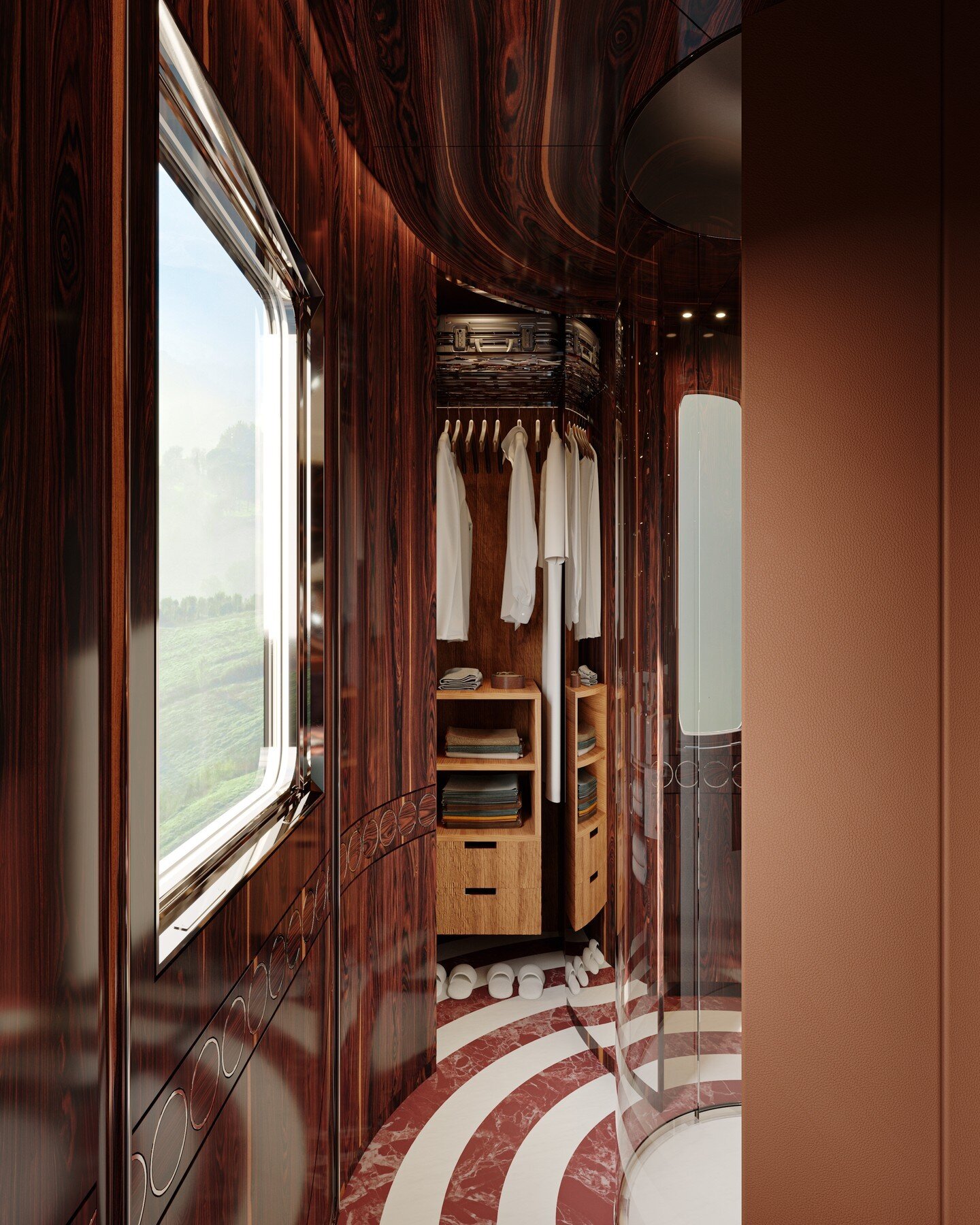 Behind the curved wood panels, a secret door reveals the suite&rsquo;s dressing room
Designed by @maximedangeac

#train #orientexpress #3d #dressingroom #suite #travel #luxury #curve #woodinterior