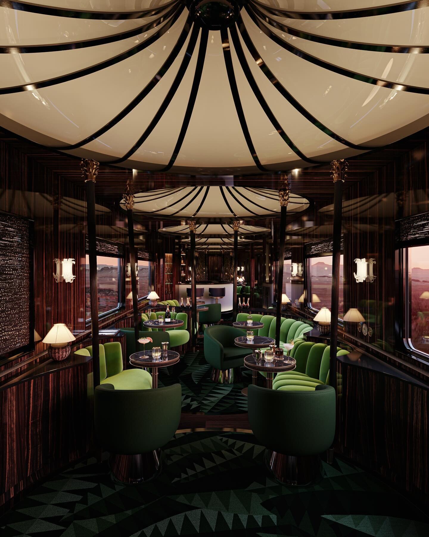 Under the large Second Empire-style domes of light, each supported by four columns, the intimate lounge bar emanate with spectacular green hues. An all-glass bar is the center piece, surrounded by a stunning green carpet concept by @atelierfevrier
De