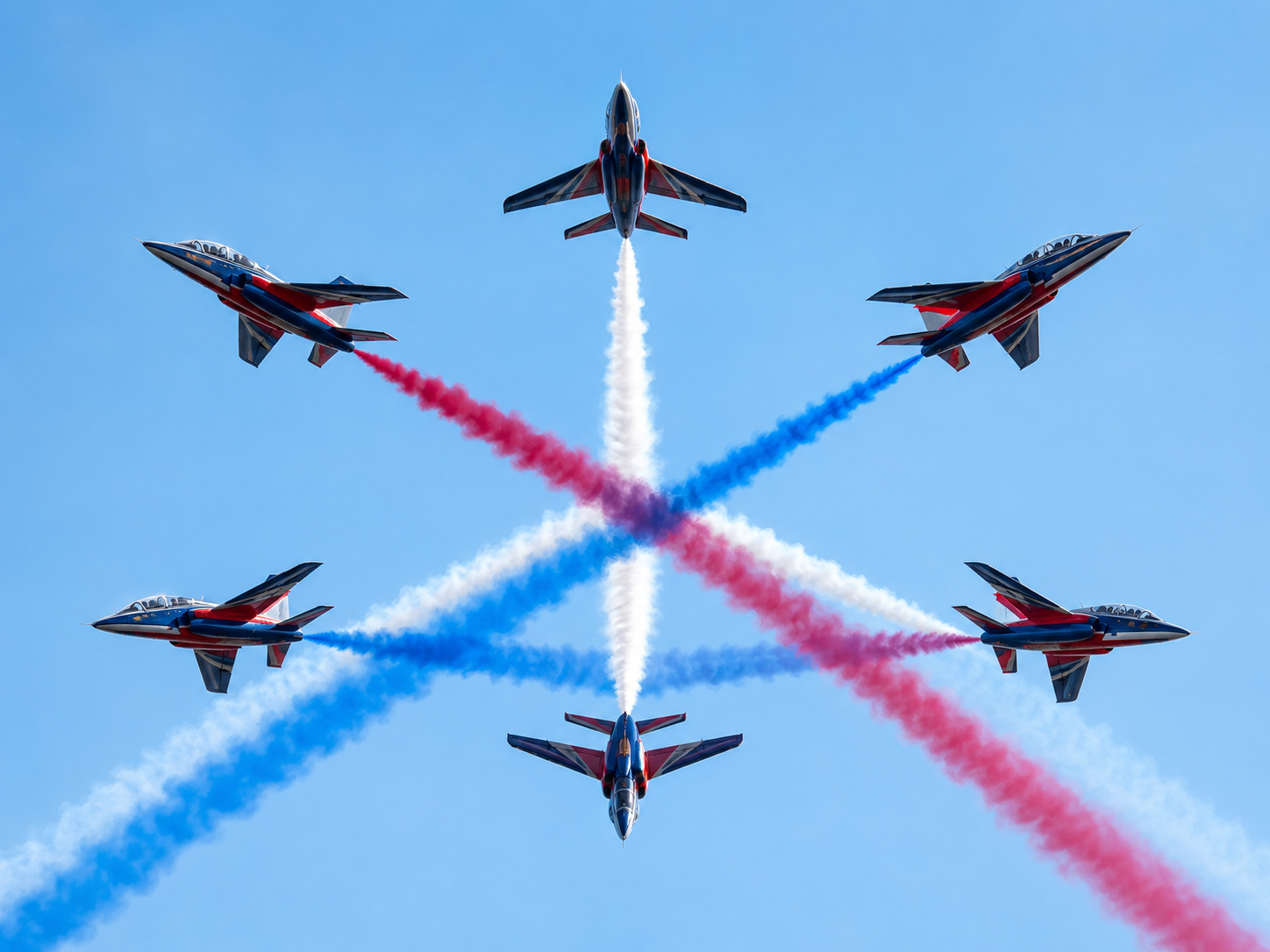 Six jets flying in formation with red, white and blue trails.