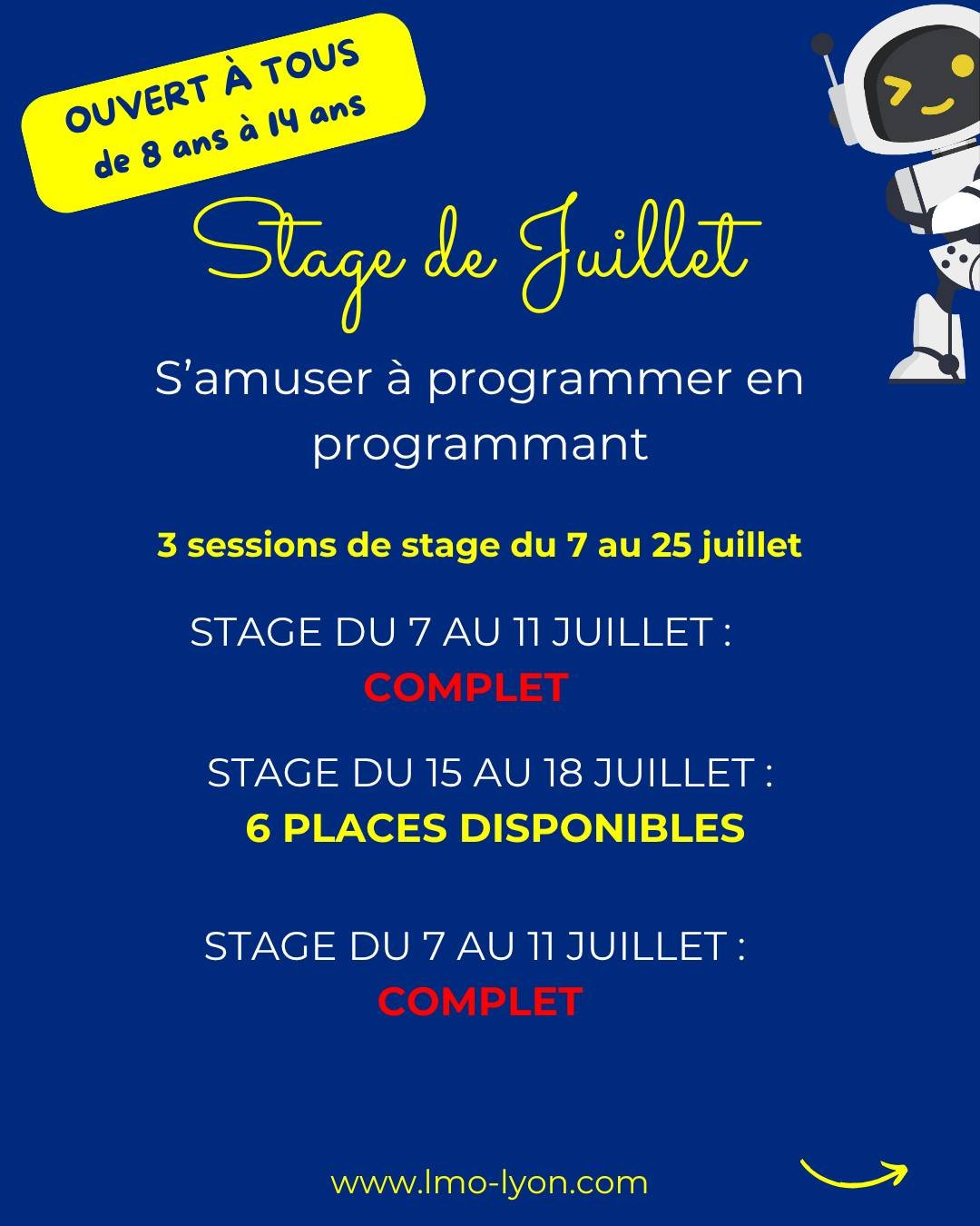 Quel succ&egrave;s ! d&eacute;j&agrave; 25 enfants inscrits ! 

Il reste 6 places la 2&eacute;me semaine de Juillet, du 15 au 18 Juillet !

Pour s'inscrire :
contact@lmo-lyon.com