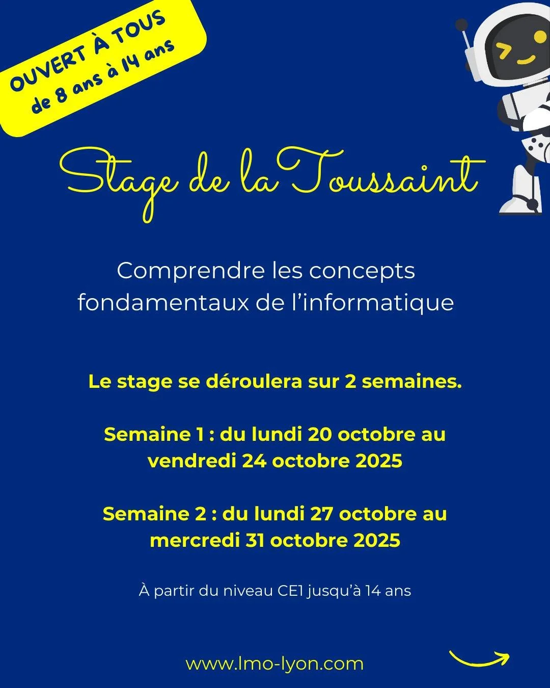 Les vacances, c&rsquo;est fait pour cr&eacute;er ! Il reste quelques places !

Plonge dans le monde des robots, imprimantes 3D et IA pendant les stages de Toussaint LMO 🤖
🔹 Construis ton robot
🔹 Programme ton intelligence artificielle
🔹 D&eacute;