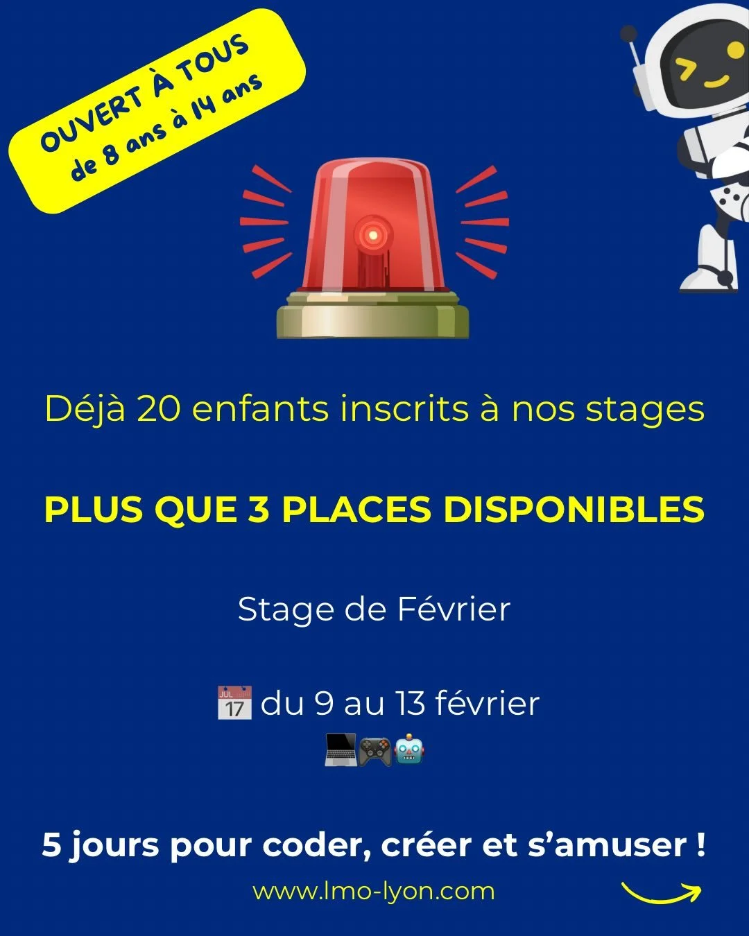 🥳 D&eacute;j&agrave; 20 enfants inscrits &agrave; nos stages 🥳

🚨 DERNI&Egrave;RES PLACES &ndash; il n&rsquo;en reste que 3 la premi&egrave;re semaine!

Un stage pour les enfants de 8 &agrave; 14 ans qui veulent
 💻 comprendre le num&eacute;rique
