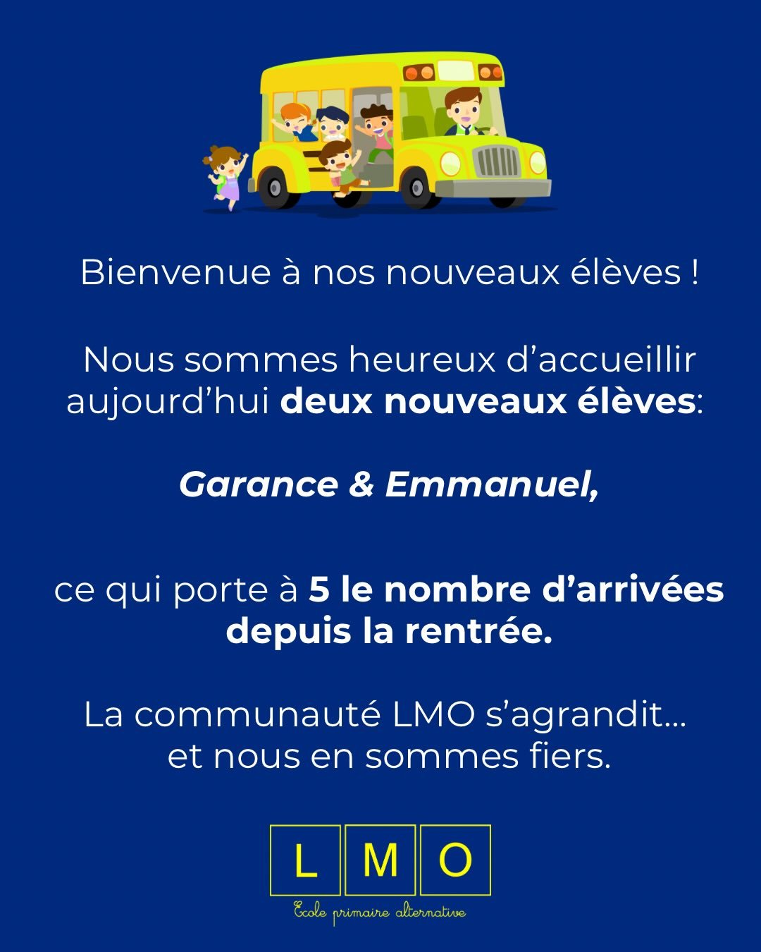 🚀 LMO grandit encore !

Aujourd&rsquo;hui, 2 nouveaux &eacute;l&egrave;ves rejoignent l&rsquo;aventure 💛
Depuis la rentr&eacute;e, ils sont d&eacute;j&agrave; 5 &agrave; avoir choisi LMO en cours d&rsquo;ann&eacute;e. 
Nouvelle &eacute;nergie, nouv