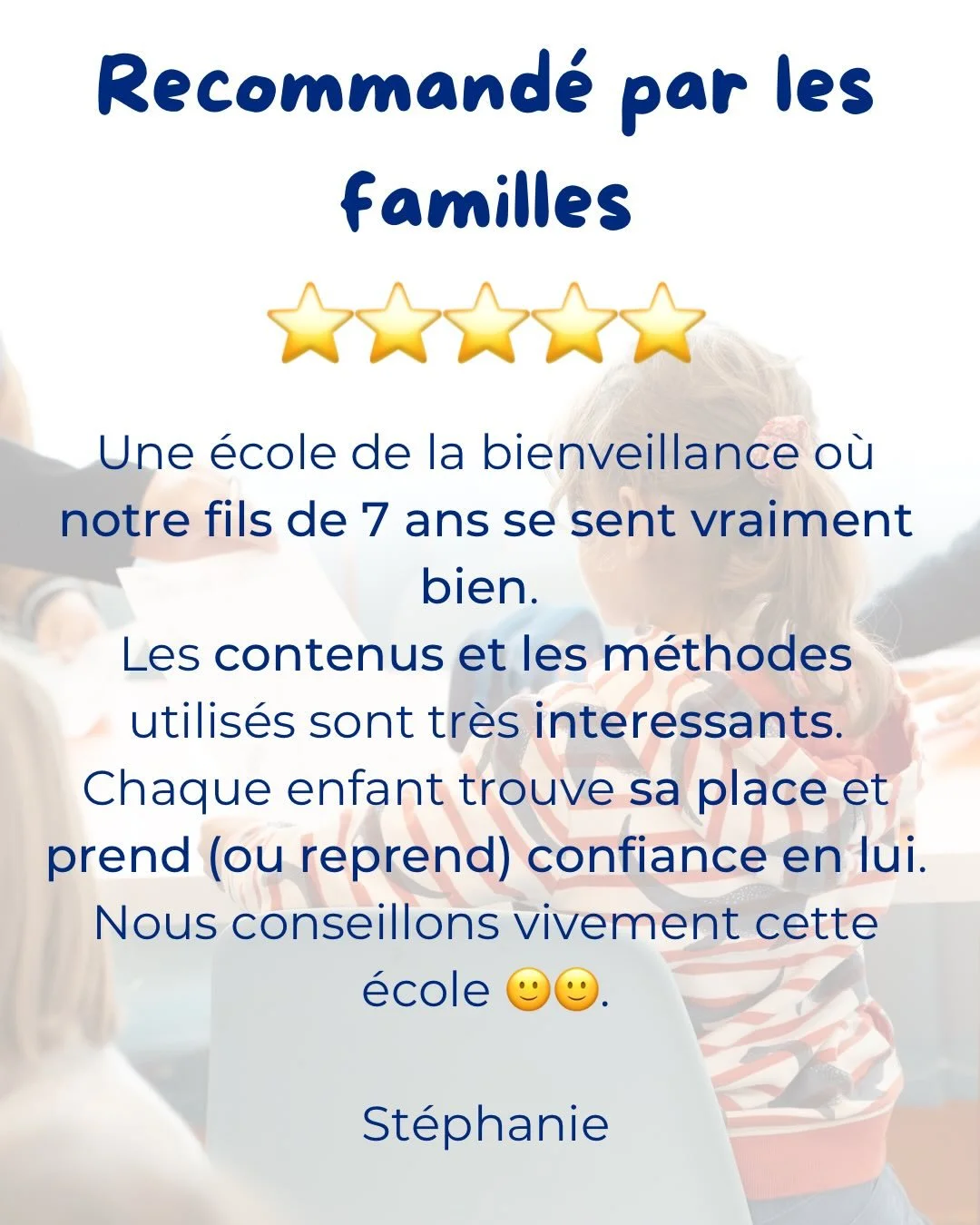 ✨ Les mots des parents comptent beaucoup pour nous.

Voir un enfant reprendre confiance, retrouver le plaisir d&rsquo;apprendre et &eacute;voluer dans un cadre serein est au c&oelig;ur de notre mission.
Merci &agrave; ces parents pour leur confiance 