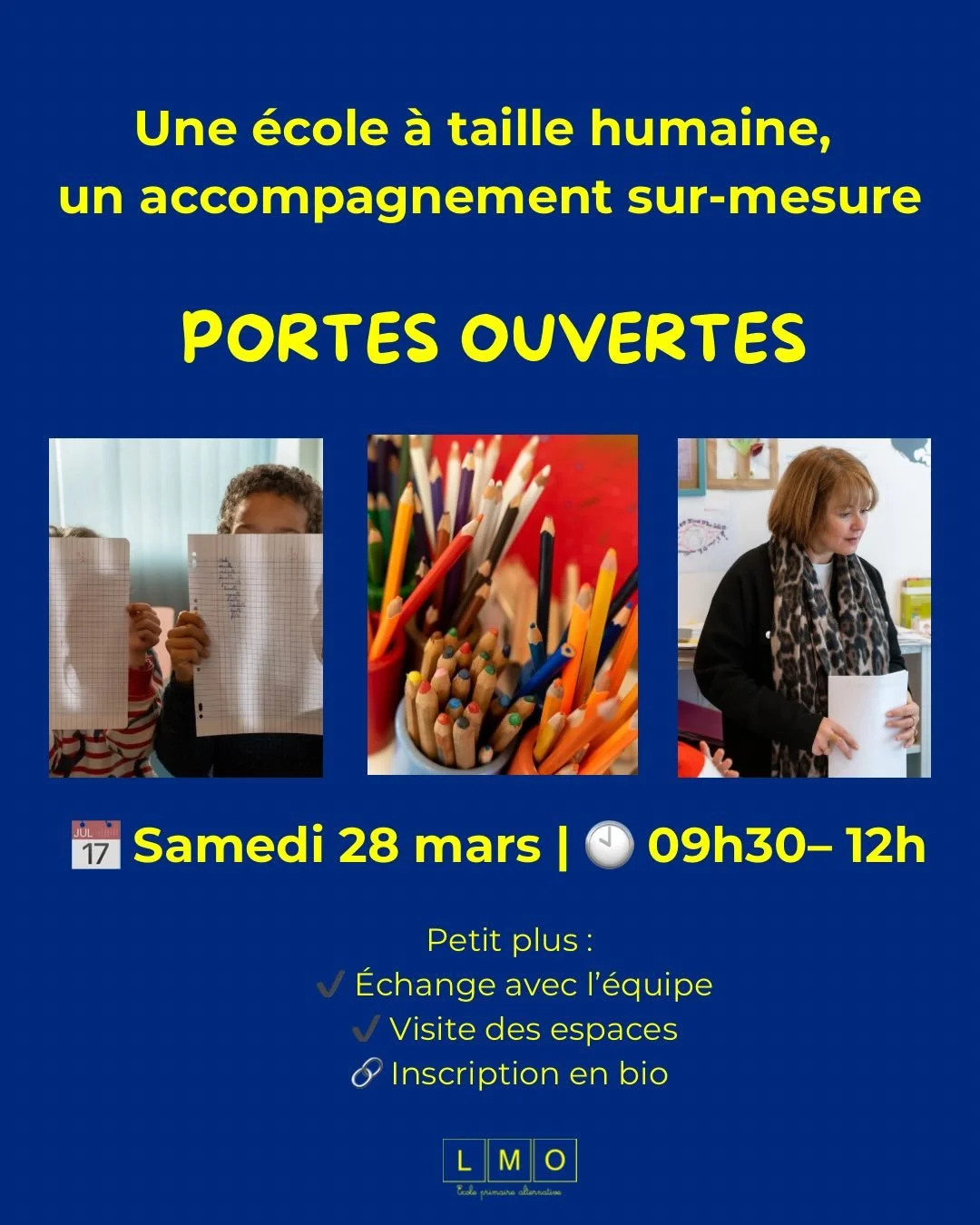 📌 Portes ouvertes  Samedi 28 Mars 

C&rsquo;est le moment de venir d&eacute;couvrir une &eacute;cole &agrave; taille humaine, o&ugrave; chaque enfant trouve sa place et avance &agrave; son rythme.

📅 Samedi 28 mars
 🕘 09h30 &ndash; 12h
 📍 26 rue 