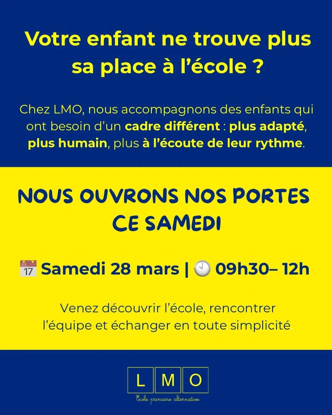 📌 Portes ouvertes ce samedi chez LMO

Venez d&eacute;couvrir notre &eacute;cole maternelle et primaire alternative au coeur de Lyon 5.

Nous serons ravis de vous accueillir et de r&eacute;pondre &agrave; vos questions. 

📍26 rue du commandant Charc